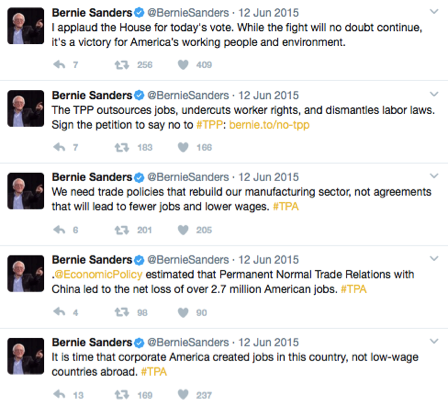 Tweets van Bernie Sanders van 12 juni 2015