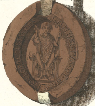 Eén van de drie bewaarde zegels van bisschop Lambert met opschrift: LANBERTVS. D(E)I. GR(ATI)A. NOVIOMENSIV(M). EP(ISCOPV)S