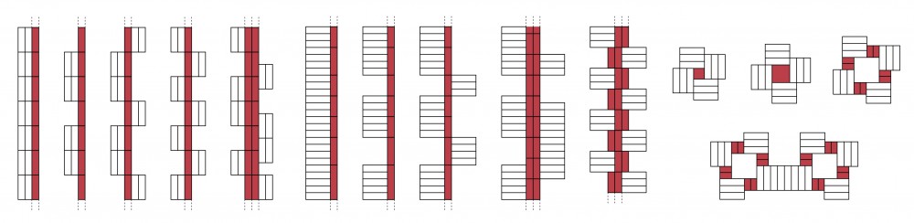 Figuur 2. Configuraties met de Variel-module (wit) en een toegevoegde dienende strook (rood) om de haalbaarheid van het hergebruik van de Variel-module te onderzoeken.