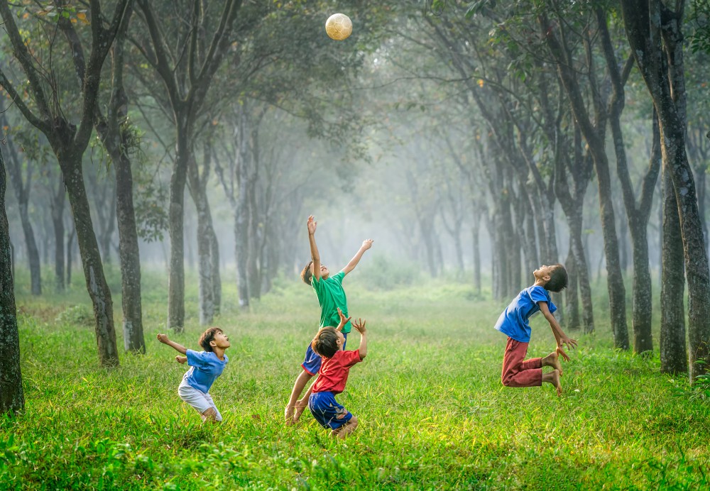 Spelende kinderen in groene omgeving (foto door Robert Collins)