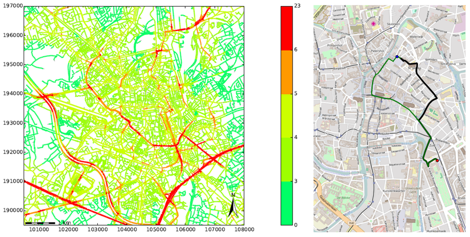Links: zwarte koolstof kaart (kleurencode: zwarte koolstof concentratie in µg/m³). Rechts: route van de Vrijdagmarkt (blauwe stip) naar het Shoppingcenter Gent Zuid (rode stip). De groene lijn toont de route die rekening houdt met de zwarte koolstof hoeveelheid. De zwarte lijn toont de kortste route. 