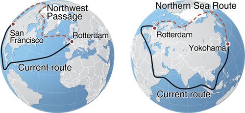 Voorstelling huidige en alternatieve scheepsroute