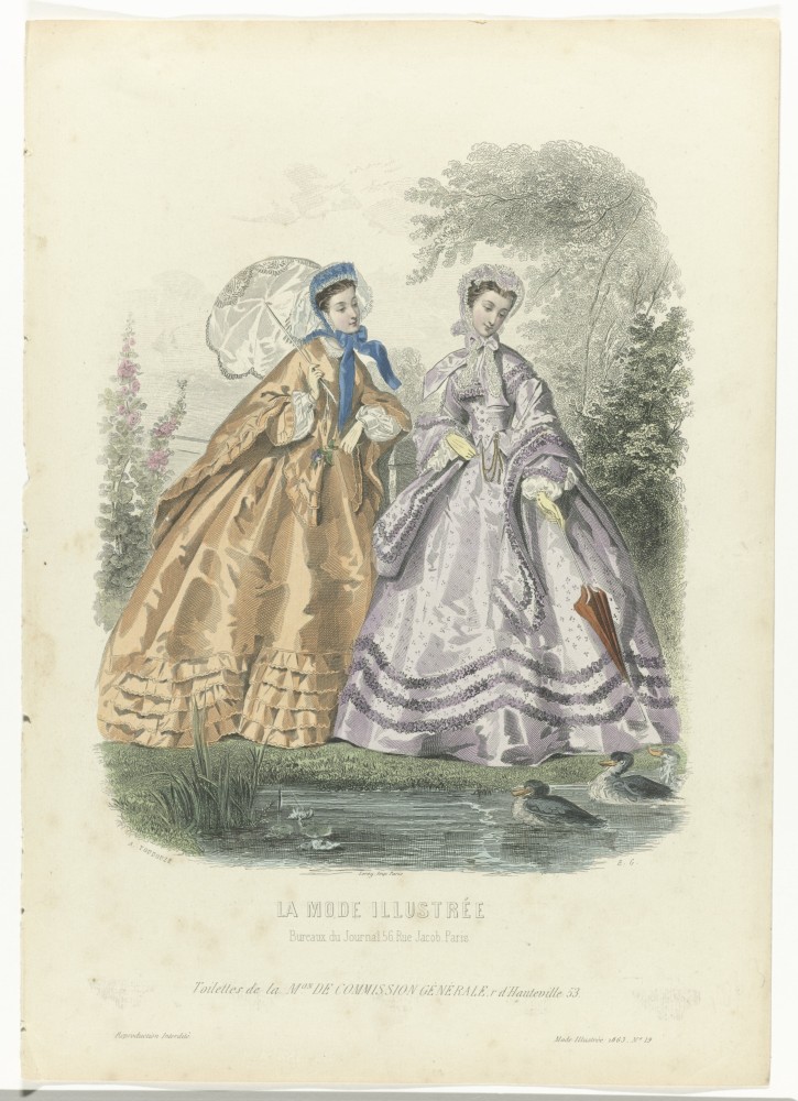 Vrouwen met parasol op een modeprent uit La Mode Illustrée, 1863. Amsterdam, Rijksmuseum.