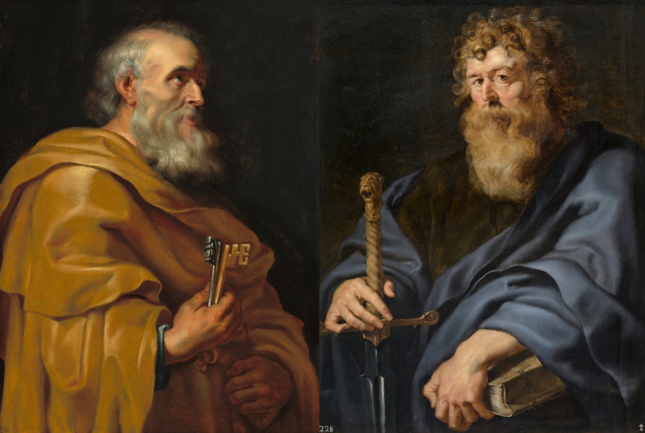 Atelier van Peter Paul Rubens, Petrus, ca. 1616-1618. Olieverf op paneel, 92 cm x 67,5 cm. Washington DC, National Gallery of Art, inv. nr. 1960.6.32; Peter Paul Rubens, Paulus, 1610-1612. Olieverf op paneel, 107,5 cm x 83 cm. Madrid, Museo Nacional del Prado, inv. nr. P001657.
