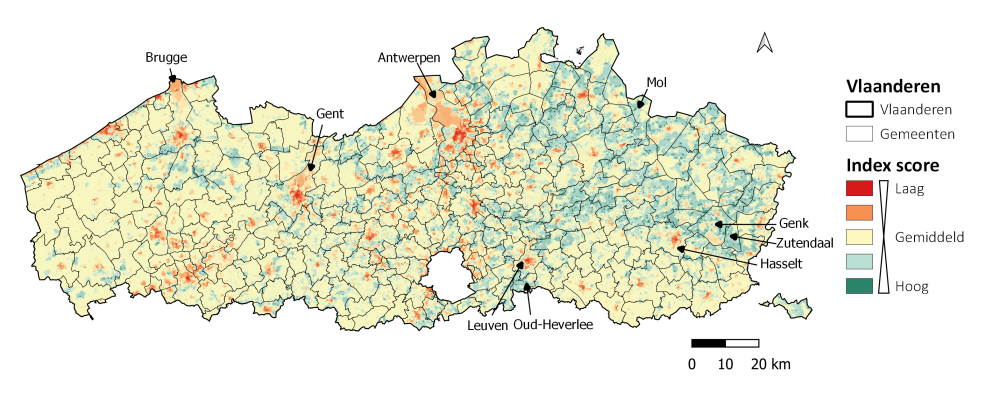 De toegankelijkheidsindex berekend voor de gemeenten van Vlaanderen