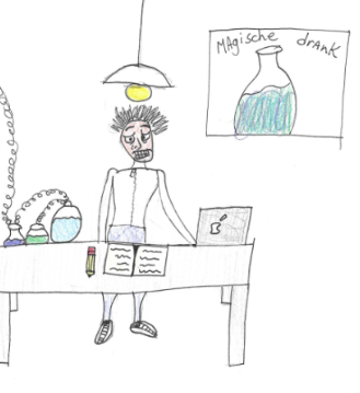 Tekening van een wetenschapper in een witte labojas met erlenmeyers op de achtergrond.