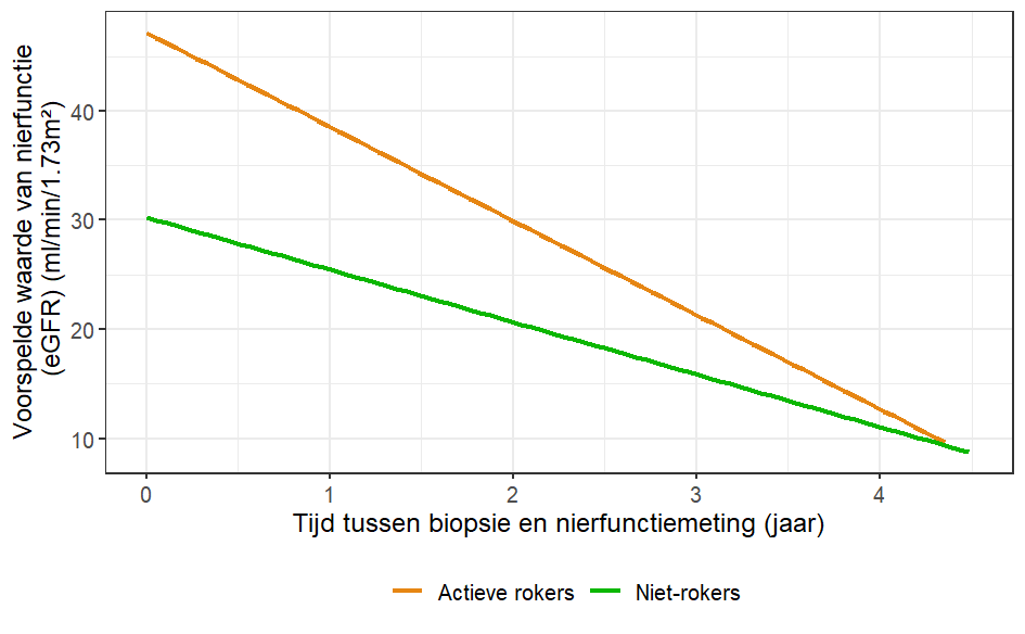 Nierfunctiedaling in functie van tijd tussen biopsie en nierfunctiemeting tussen actieve rokers en niet-rokers (ING + DN)