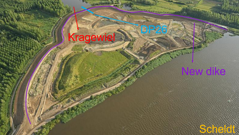 Overzicht van de nieuwe dijk op de site Groot Schoor in Bornem