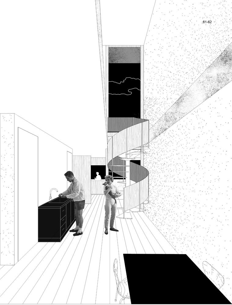 Interieurbeeld van een compacte woning in een voormalige kantooromgeving.