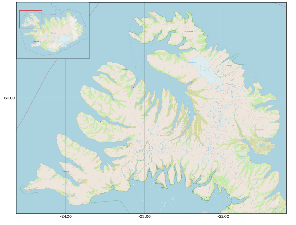 Kaart van de Westfjorden in het noordwesten van IJsland, met de ligging van het onderzoeksgebied binnen IJsland.
