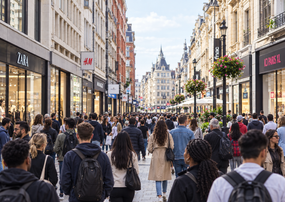 Winkelstraat in België met een diverse groep mensen.
