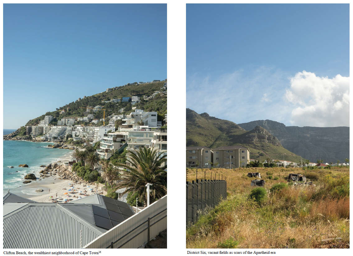 Foto links: De stranden van Clifton, de meest welvarende wijk in Kaapstad. - Foto rechts: District Six met de open velden als littekens van de Apartheid.