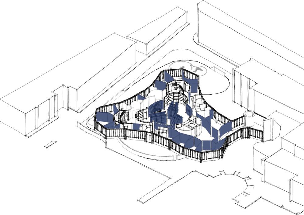Diagram met de weergave van de oude en de nieuwe situatie.  De blauwe elementen worden in het nieuwe ontwerp verwijdert om de ruimtes open en multifunctioneel te maken, de verwijderde materialen worden herbestemd naar meubilair of akoestische elementen die terug in de ruimte worden geplaatst (Bonten, A., 2025).