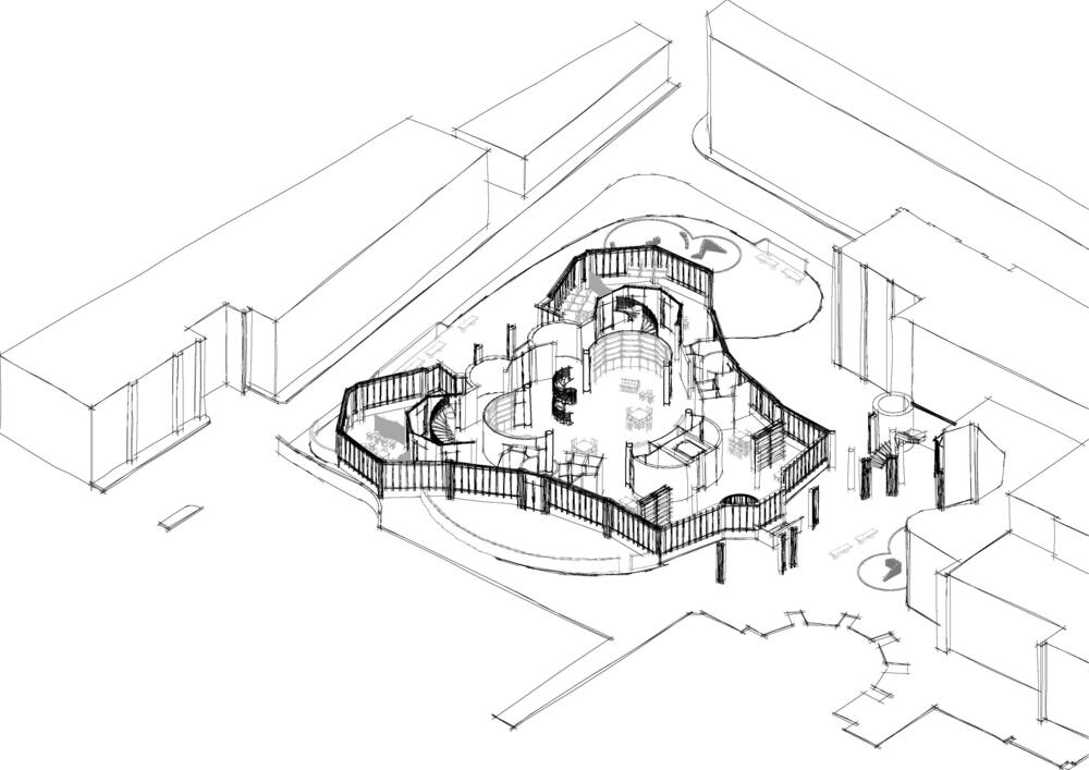 Diagram met de weergave van de oude en de nieuwe situatie.  De blauwe elementen worden in het nieuwe ontwerp verwijdert om de ruimtes open en multifunctioneel te maken, de verwijderde materialen worden herbestemd naar meubilair of akoestische elementen die terug in de ruimte worden geplaatst (Bonten, A., 2025).
