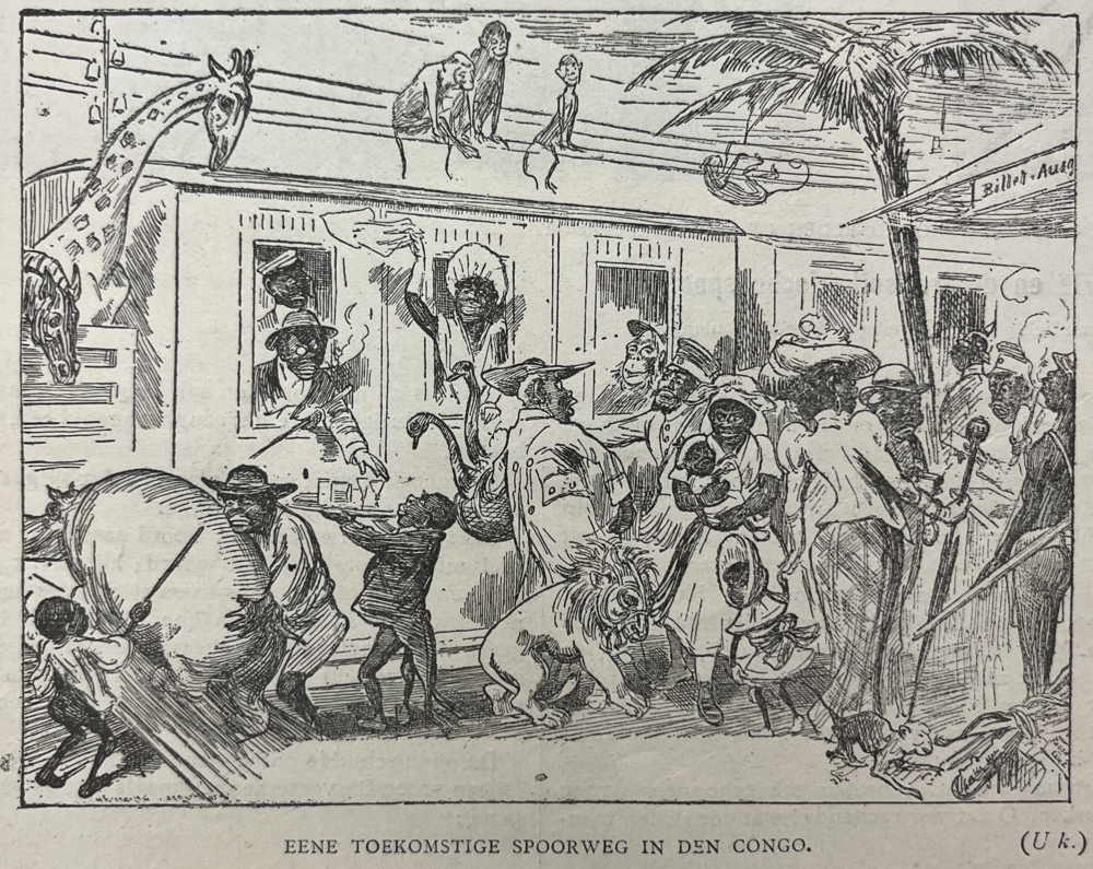 Een cartoon die een 'toekomstige spoorweg in den Congo' voorstelt. De lokale bevolking werd op gelijke voet gesteld als wilde dieren.