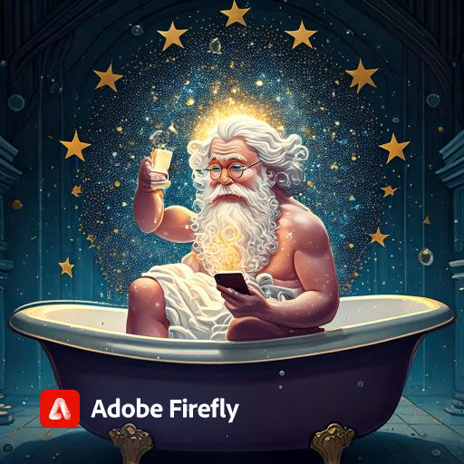   Adobe Firefly - AI-gegenereerde versie van Archimedes die Eureka roept in zijn bad, terwijl de sterren van de EU rond zijn hoofd zweven en hij een smartphone in de hand heeft.