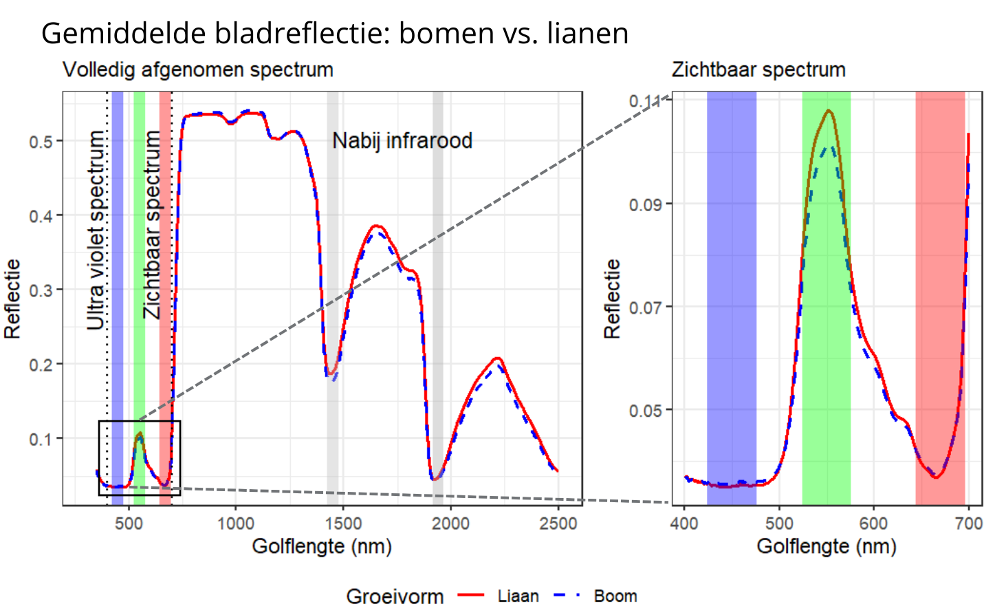 Figuur 3: De grafiek met de gemiddelde bladreflectie voor lianen en bomen van 350 tot 2 500 nm. De blauwe, groene en rode zones hebben de desbetreffende kleuren gekregen. De grijze zones zijn de 2 banden in de nabij-infrarood regio met absorptie door water.