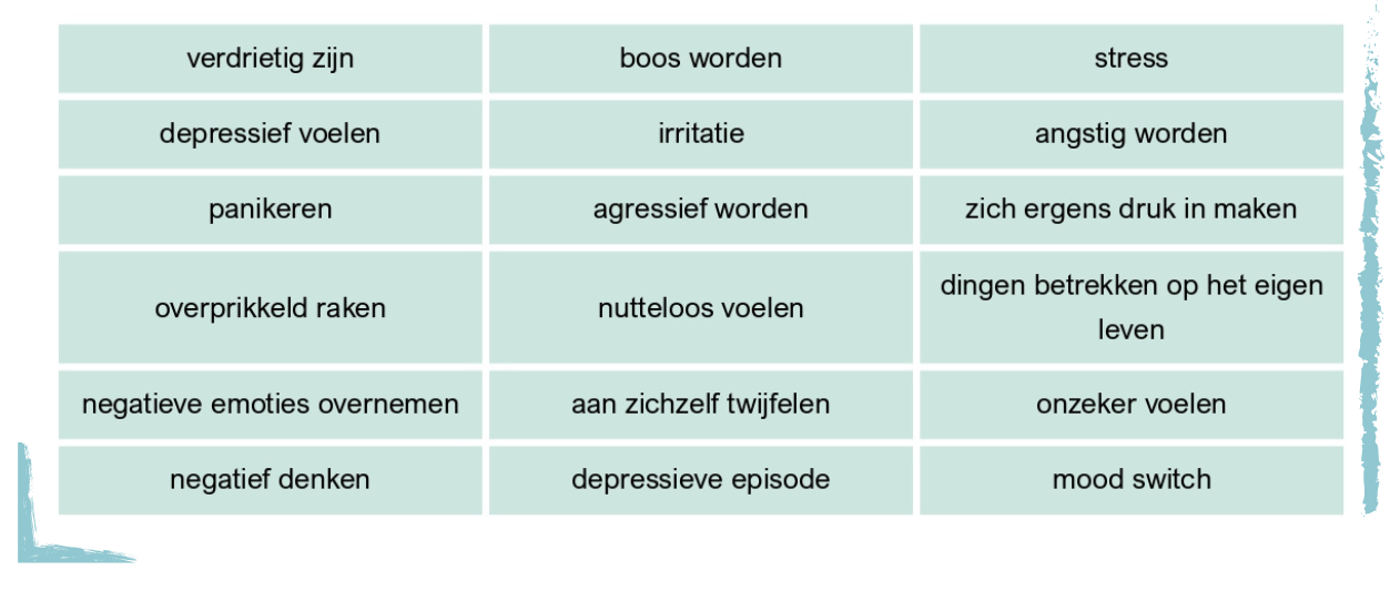 verdrietig zijn - boos worden - stress - depressief voelen - irritatie - angstig worden - panikeren - agressief worden - zich ergens druk in maken - overprikkeld raken - nutteloos voelen - dingen betrekken op het eigen leven - negatieve emoties overnemen - aan zichzelf twijfelen - onzeker voelen - negatief denken - depressieve episode - mood switch
