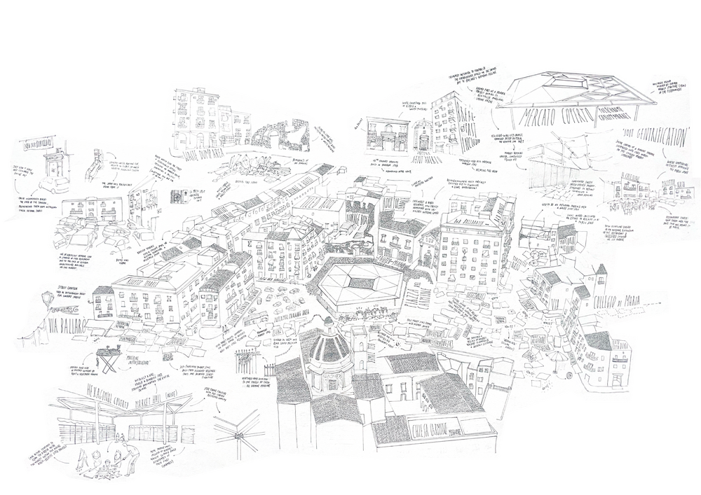 Piazza del Carmine, atlas.  pen op papier  840 x 594 mm