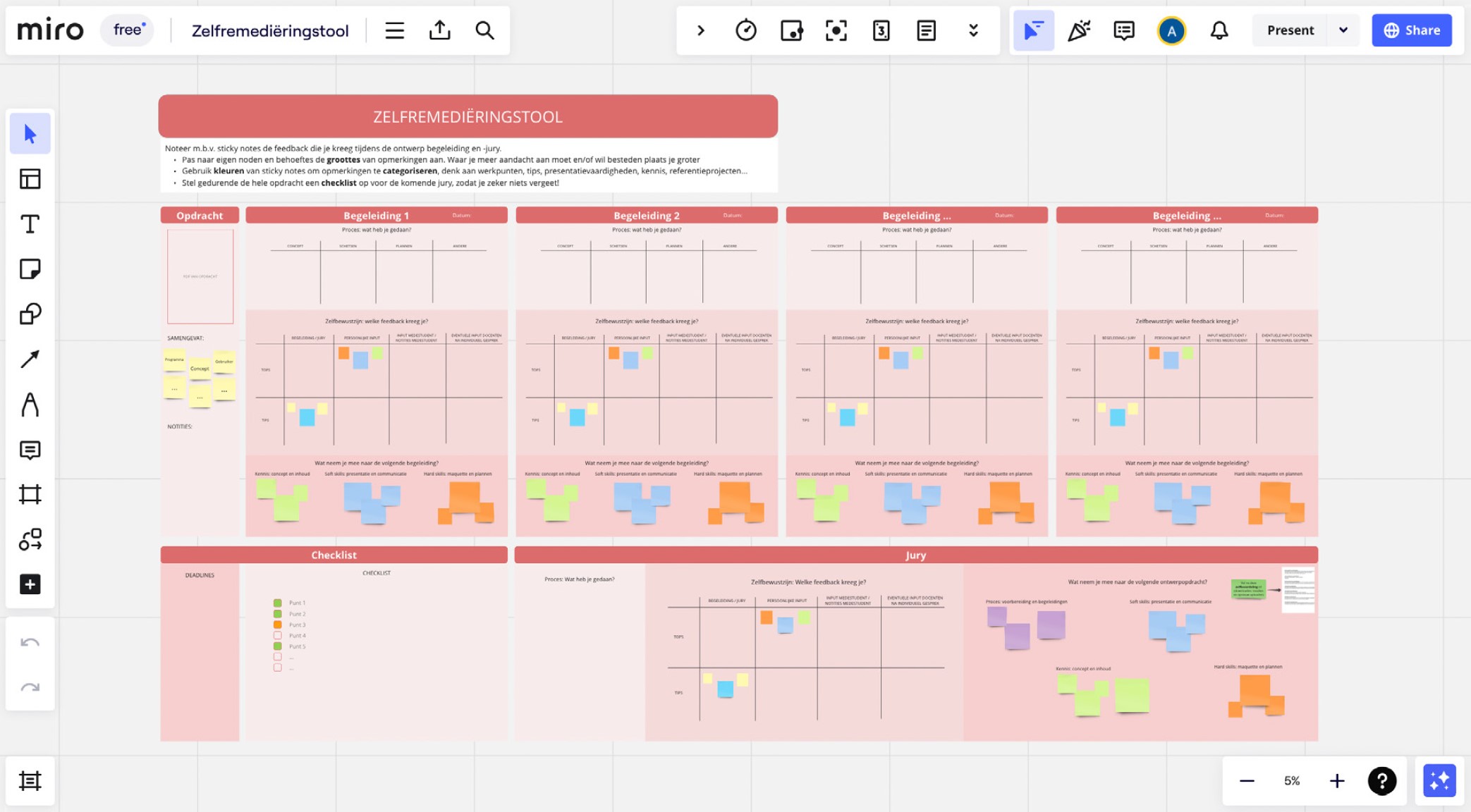 Een screenshot uit het Miro-platform waarin studenten hun feedback kunnen bijhouden en er over kunnen reflecteren.