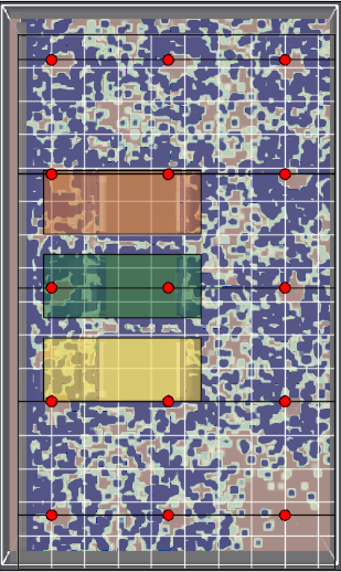 Locaties van de sprinklers (rood) en auto's ten opzichte van de waterdekking (blauw)