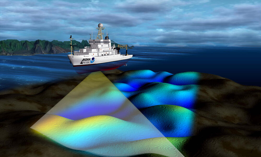 Schip scant de zeebodem met behulp van sonar.