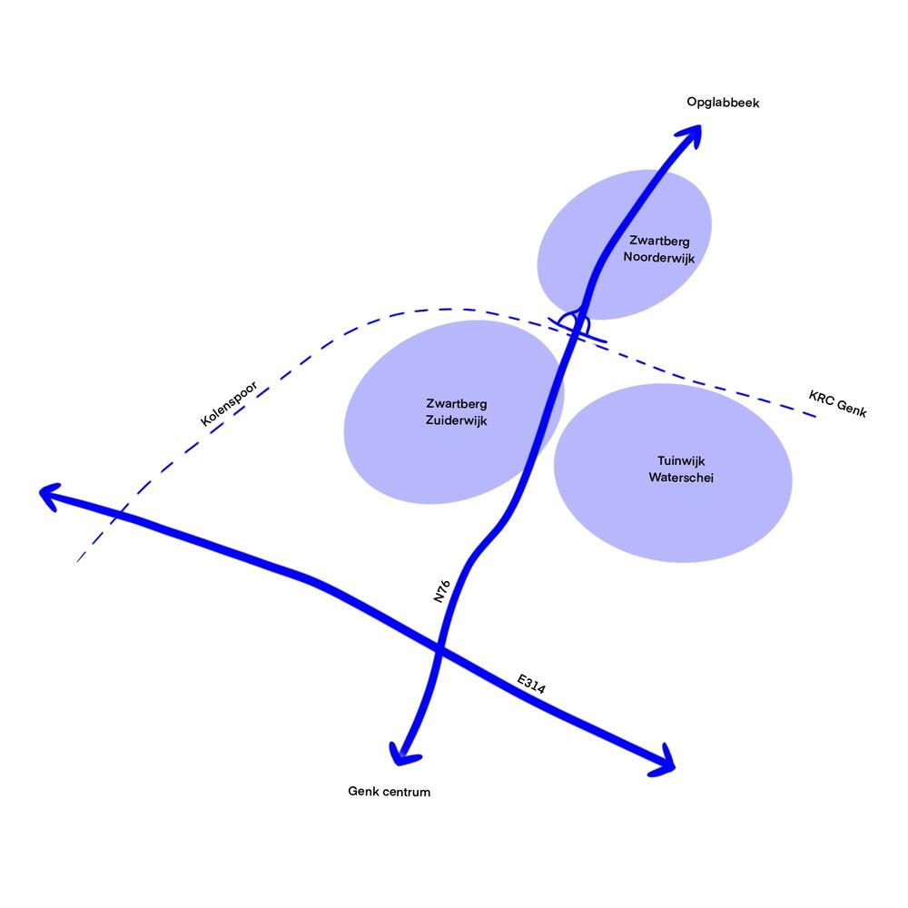 Schematische situering wijken en verkeersassen rondom Zwartberg