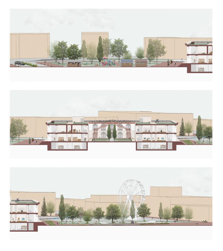 Drie fragmenten van de langsnede met nieuw potentieel ontwerp.