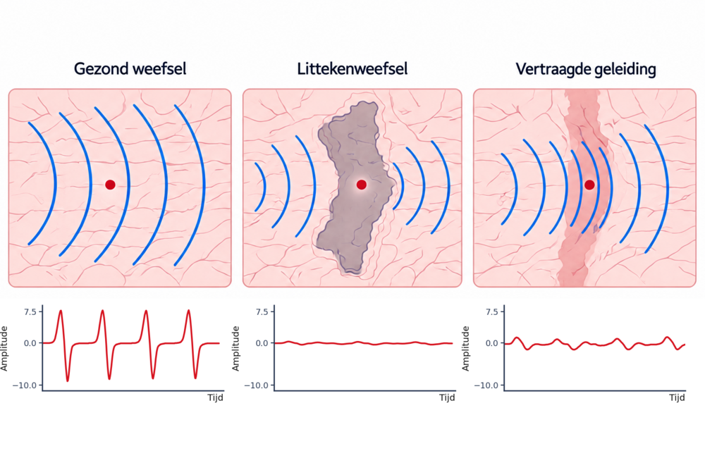 Schematische weergave van opgemeten EGM signalen in verschillende types hartweefsel
