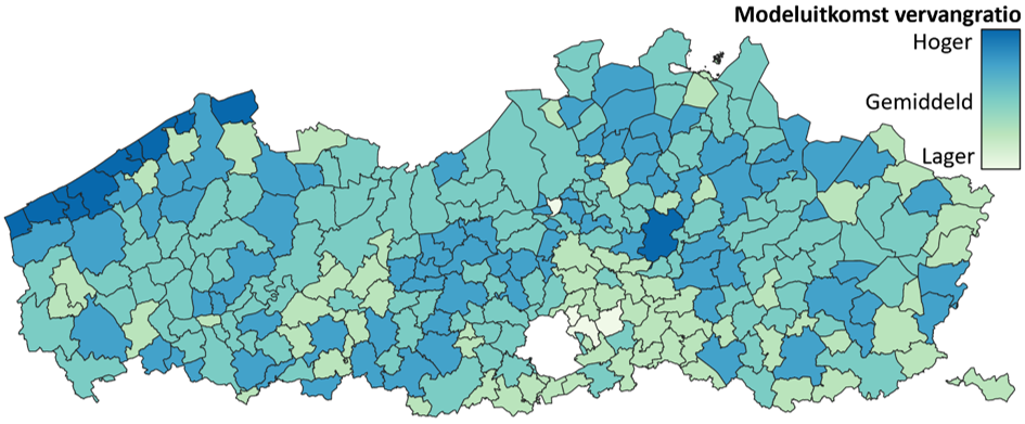 Spreiding van de hoogte van de vervangratio over Vlaanderen