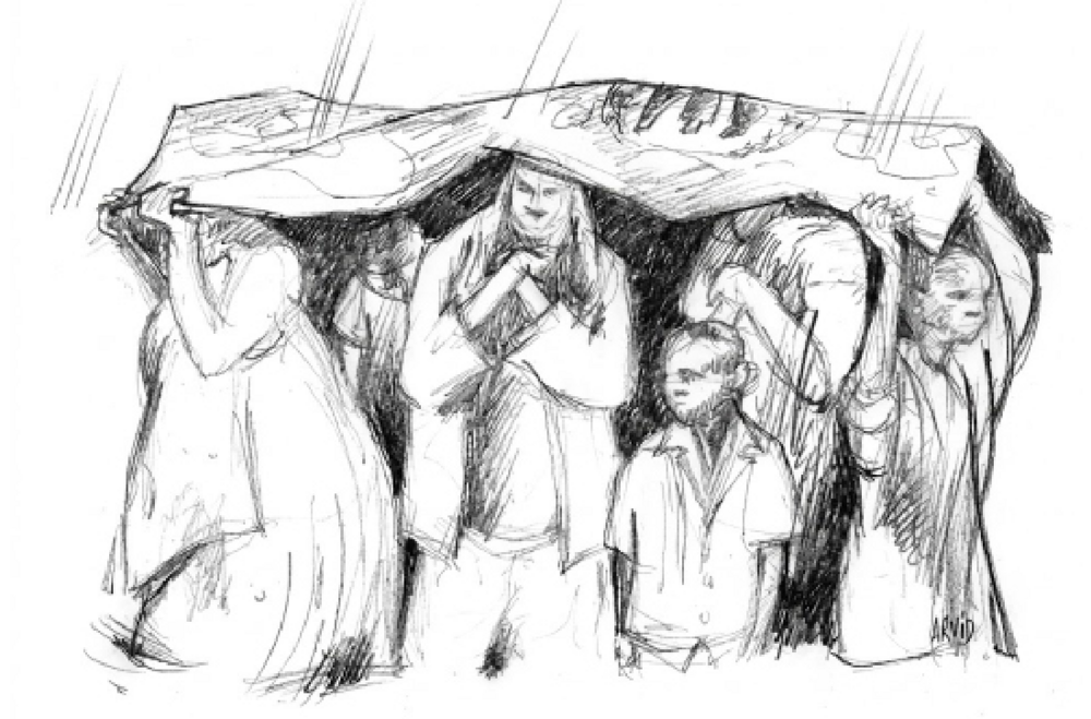 Grafische afbeelding van vluchtelingen die een zeil vasthouden, uit het hoofdstuk ‘Site Selection, Planning and Shelter’ in the Handbook for Emergencies, Tweede Editie (p. 132). Copyright 1999, UNHCR (United Nations High Commissioner for Refugees).
