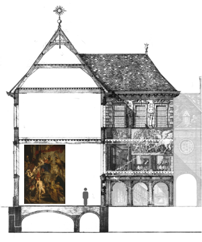 Schematische voorstelling van Rubens’ “Tronende Madonna omringd door heiligen” in zijn atelier met hoog plafond. Het plafond zou precies hoog genoeg geweest zijn voor het rechtop zetten van het schilderij. © Koen Bulckens