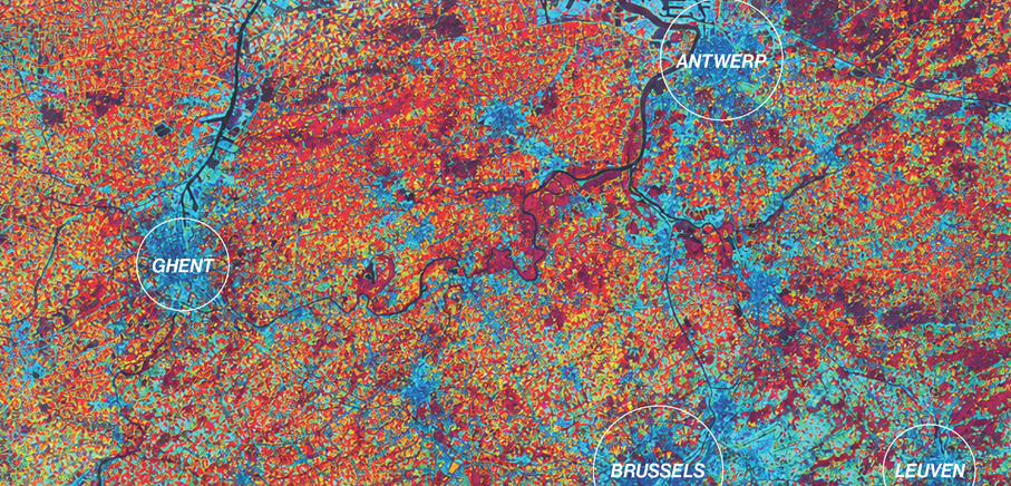 Verwevenheid van bebouwing (blauw), natuur (rood) en landbouwgrond (geel) in het Vlaamse landschap.