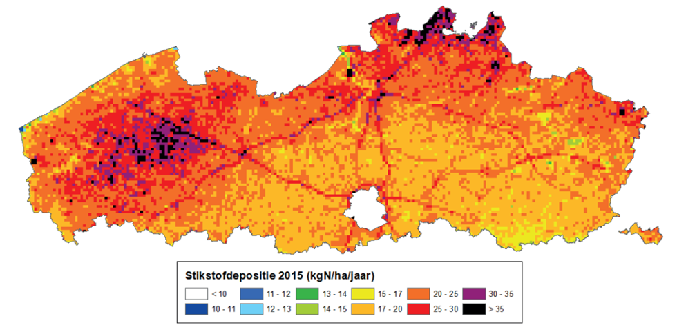 Figuur 3: ruimtelijke spreiding stikstofdepositie in Vlaanderen in het PAS-referentiejaar 2015 (VlaamseOverheid, 2023)