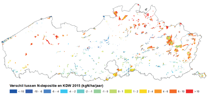 Figuur 4: visualisatie van alle stikstofgevoelige habitats in SBZ-H in 2015 met aanduiding van de KDW-overschrijdingswaardes in kg N/ha.jaar. Bij een negatief cijfer is de stikstofdepositie lager dan de KDW. (VlaamseOverheid, 2023)