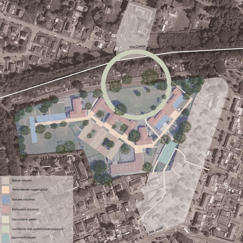 Masterplan voor de site Noot. Aangepast naar Orthofotomozaïek, middenschalig, zomeropnamen, kleur, 2021, Vlaanderen, door Digitaal Vlaanderen, 2021. Geëxporteerd via QGIS software. De grafische elementen zijn toegevoegd door de auteur.