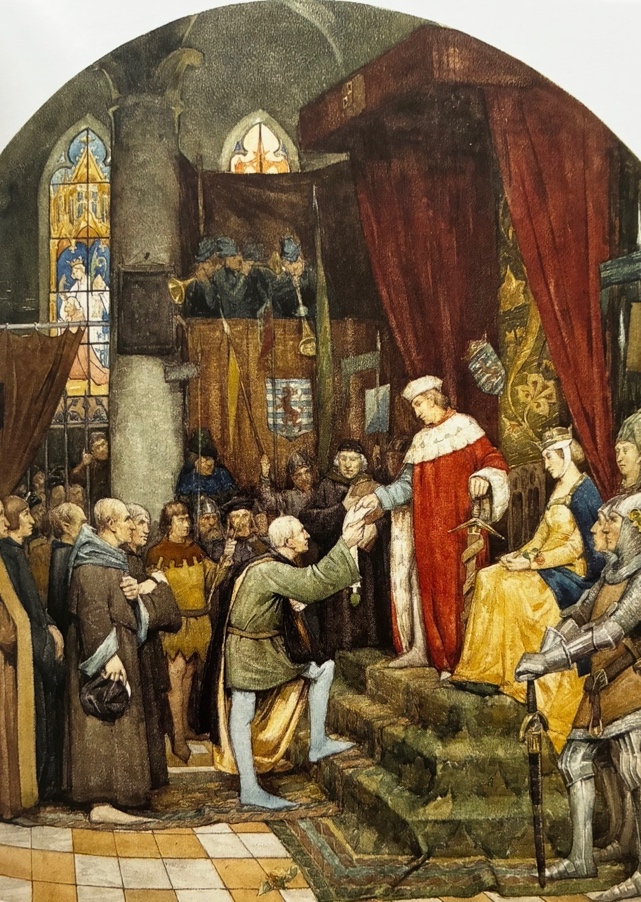 A painting of a person shaking hands to a crowd of people</p>
<p>Description automatically generated