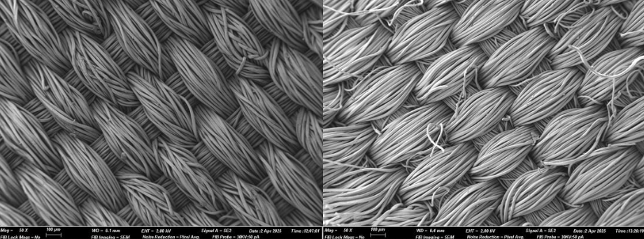 Afbeelding 2: Weefstructuur van polyester voor (links) en na (rechts) de eerste wasbeurt.