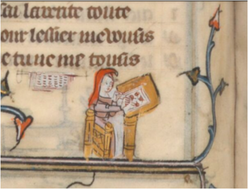 Vermeend zelfportret van Jeanne de Montbaston aan het werk. Guillaume de Lorris, Jean de Meun, Roman de la Rose, 14e eeuw (Bibliothéque nationale de France, Paris), fr. 25565, f° 77v.