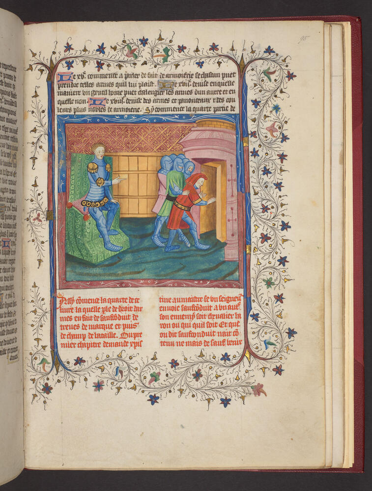 Prins die een kooplied wegstuurt, miniatuur uit het manuscript 'Le Livre des Fais d'Armes et de Chevalerie' door Christine de Pizan, ca. 1434. (Bron: British Library, Harley MS 4605, f. 95 / Publiek Domein)