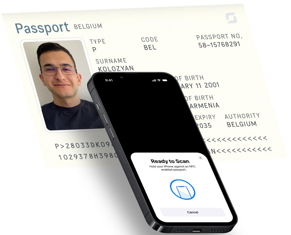 Een smartphone scant het paspoort van Arman.