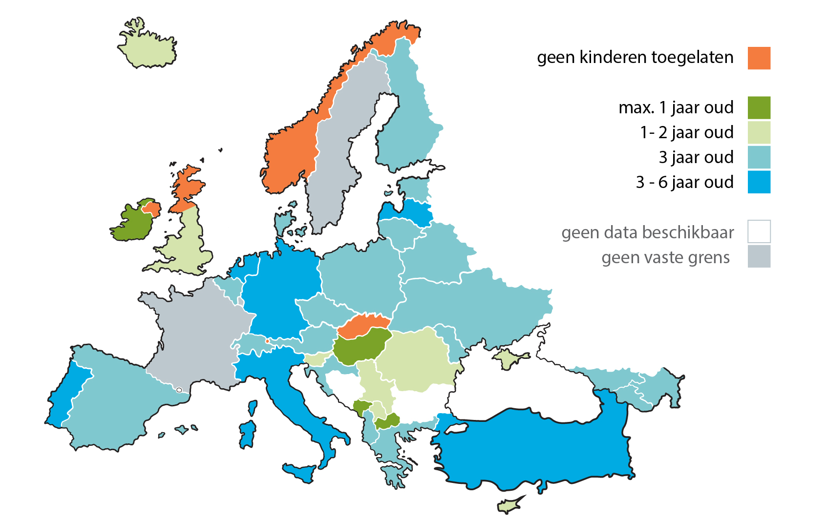 kaart van Europa met leeftijdsgrenzen kinderen gedetineerde moeders