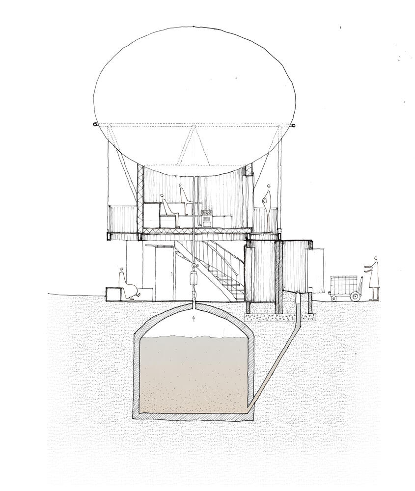 Snede door de slibsauna, waar het slib vergist  tot biogas.