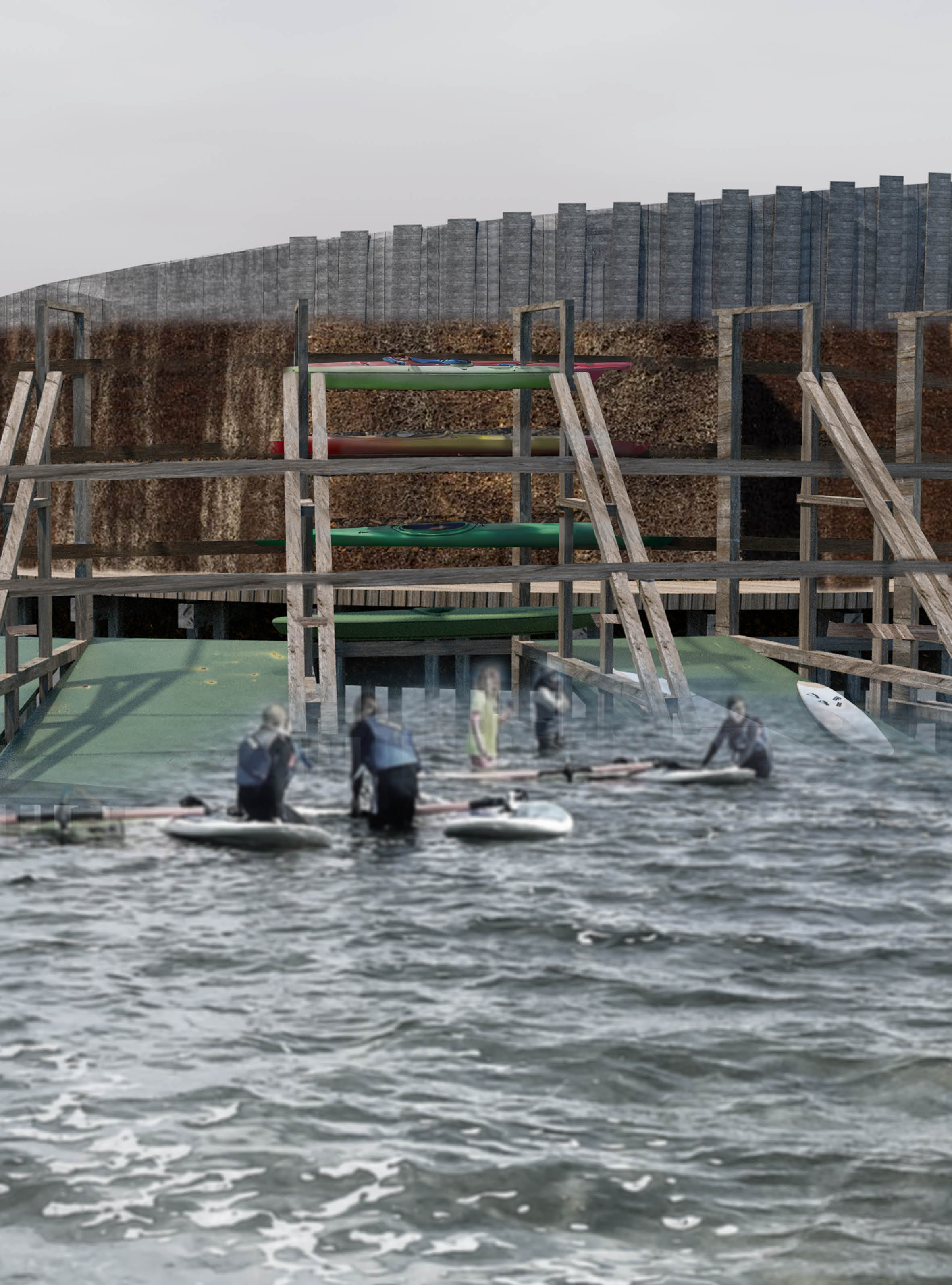 use of external wall of pavilion - giving back the coast line for water sports